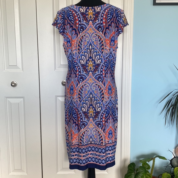 Liz Claiborne Size 12 Beautiful Blue & Orange Floral Paisley Short Sleeve Dress - Picture 4 of 7